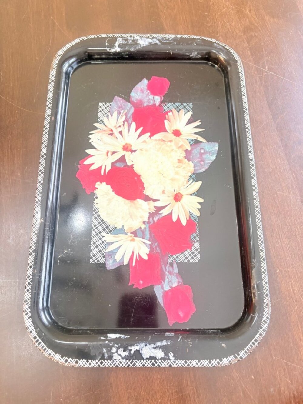 Vintage Black Metal Serving Tray Floral Roses Daisies